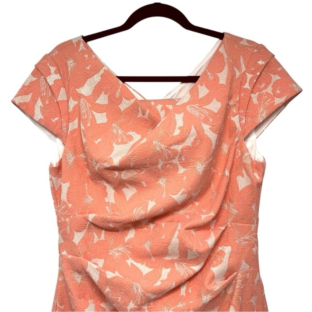 Adrianna Papell Peach Stretch Metallic Jacquard Hibiscus Plus Dress Women’s 14 - Picture 4 of 11